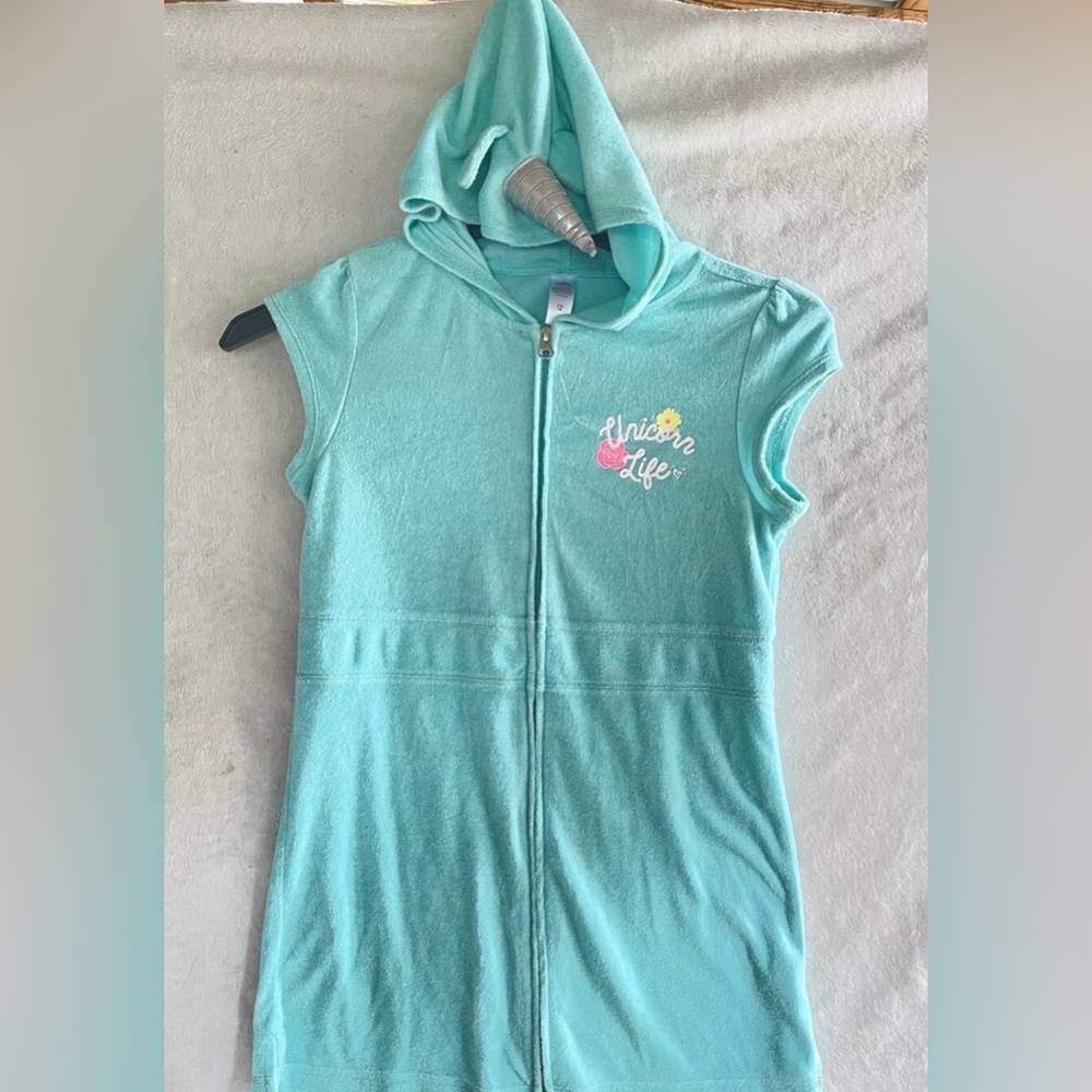 Justice Unicorn Life Hooded Girls' swimsuit Beach Cover up. Aqua